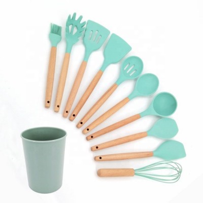 11Pcs In 1 Set Silicone Kitchen Cooking Tools Stand Kitchenware Spatula Silicone Kitchen Utensils Set with Wooden Handle